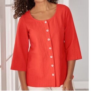 Soft Surroundings Button Down Medium Orange 3/4 Sleeve Pearlized Buttons